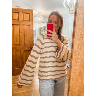 Cream Striped Pointelle Bell Sleeve Sweater Top DR-28