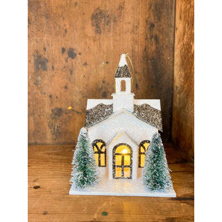 Christmas Chapel Black & White Lighted Ornament