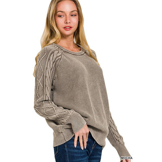 Washed Cable Sleeve Crewneck Sweater | ZN-38