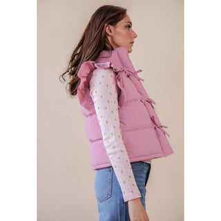 Front Bow Ruffle Sleeve Puffer Vest | VJ-01