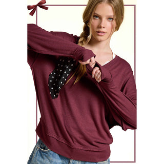 Soft V-Neck Cut Edge Long Sleeve Top | La Miel | LM-27
