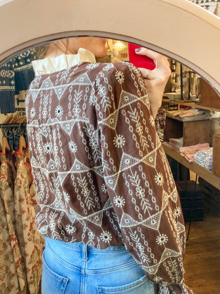 Brown Contrast Ruffle Detail Embroidered Blouse JO-04