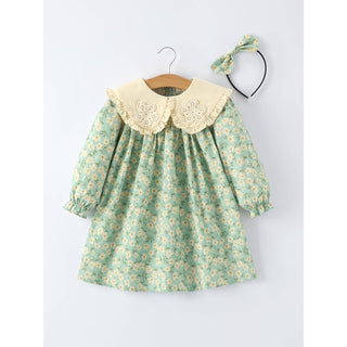 Spring Floral Print Long-Sleeved Romper and Dress Matching Headband RF-03