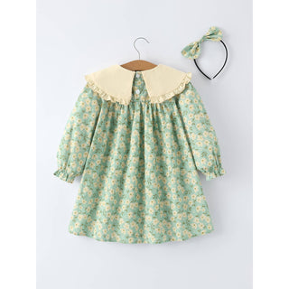 Spring Floral Print Long-Sleeved Romper and Dress Matching Headband RF-03