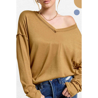 Soft V-Neck Cut Edge Long Sleeve Top | La Miel | LM-27