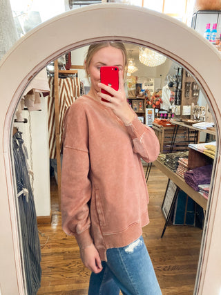 Rust Acid Wash Fleece Hi-low Hem Sweatshirt ZN-69