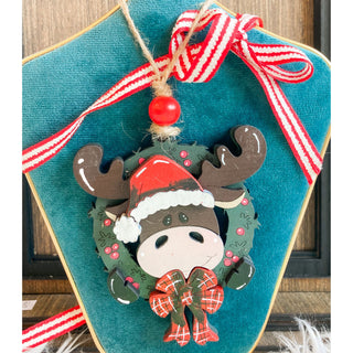 Christmas Moose in a Wreath | Wooden Ornament | KT-129