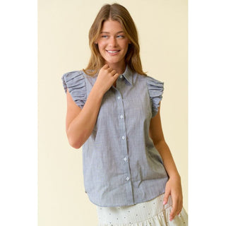 Midnight Black Puff Sleeve Button-down Top | DR-21