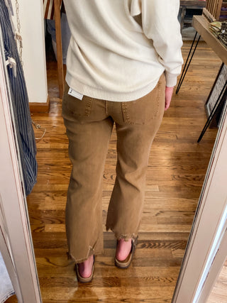 Deep Camel Acid Washed High Waist Distressed Straight Pants ZN-73