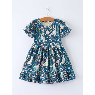 Teal Bunny Garden Ruffle Sleeve Girls Dress RF-05