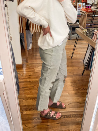 Olive Acid Washed High Waist Distressed Straight Pants ZN-74