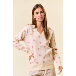 Hannah Heart V-Neck Sweater Top - Cream with Pink Hearts - DR-02