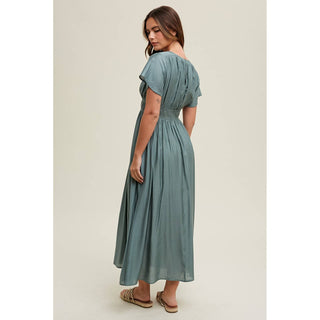 Satin Flutter Sleeve Midi Dress WA-03