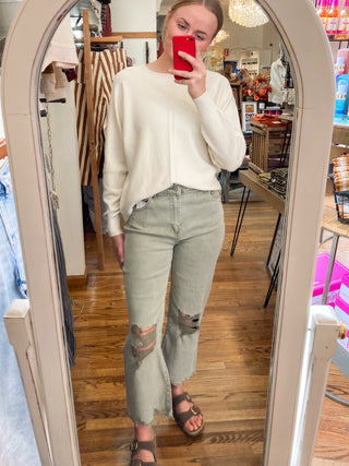 Olive Acid Washed High Waist Distressed Straight Pants ZN-74