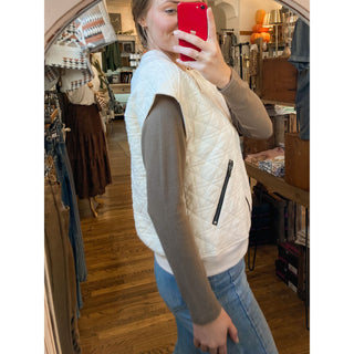Cream Quilted Plaid Zip Up Front Vest DR-36