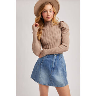 Mock Neck Puff-Sleeve Knit Top | BI-35