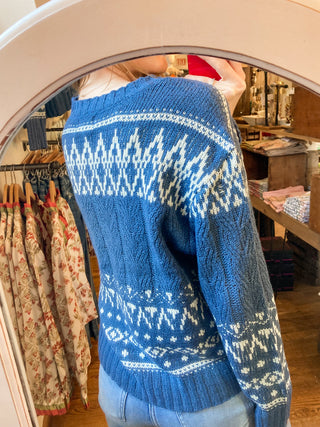 Denim Blue Fair Isle Cable Knit Crewneck Sweater | BC-47