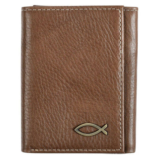 Brown Genuine Leather Ichthus Fish Trifold Wallet