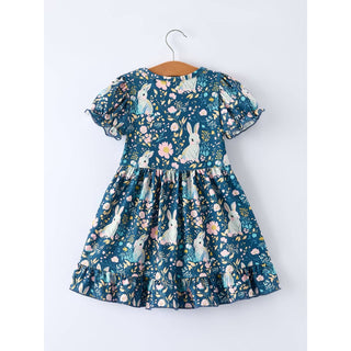 Teal Bunny Garden Ruffle Sleeve Girls Dress RF-05