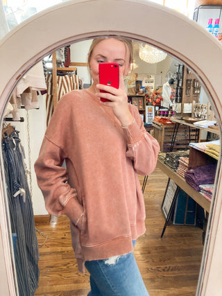 Rust Acid Wash Fleece Hi-low Hem Sweatshirt ZN-69