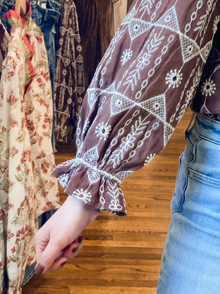 Brown Contrast Ruffle Detail Embroidered Blouse JO-04