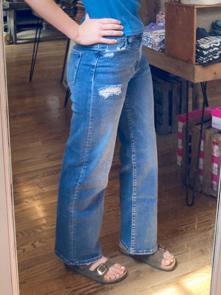 High Waist Straight Leg Medium Wash Denim Pants ZN-75