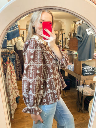 Brown Contrast Ruffle Detail Embroidered Blouse JO-04