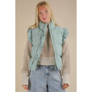 Front Bow Ruffle Sleeve Puffer Vest | VJ-01