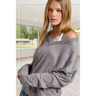 Soft V-Neck Cut Edge Long Sleeve Top | La Miel | LM-27