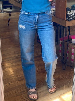 High Waist Straight Leg Medium Wash Denim Pants ZN-75