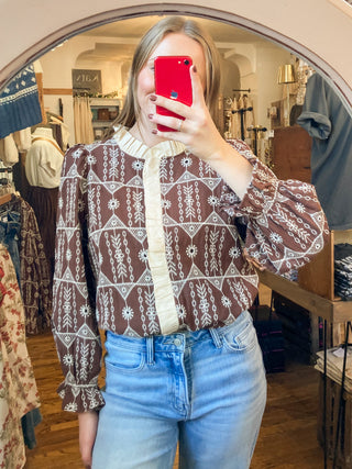 Brown Contrast Ruffle Detail Embroidered Blouse JO-04