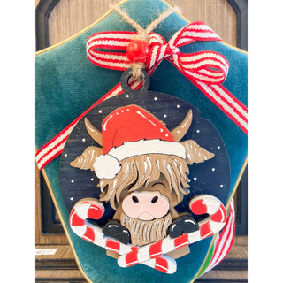 Santa Highland Cow | Wooden Ornament | KT-131