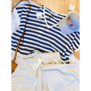 V-Neck Oversized Striped Sweater Top in Midnight | MS-08