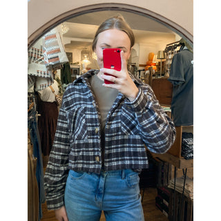 Chestnut Plaid Cropped Shacket | TI-12