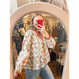 Marsala Ruffle Detail Boho Floral Peplum Top JO-07