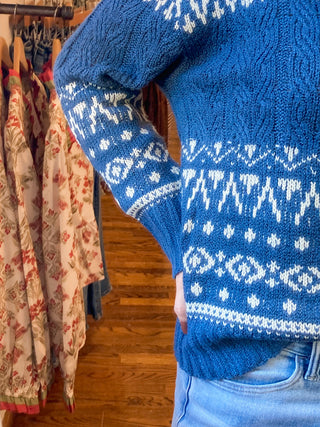 Denim Blue Fair Isle Cable Knit Crewneck Sweater | BC-47