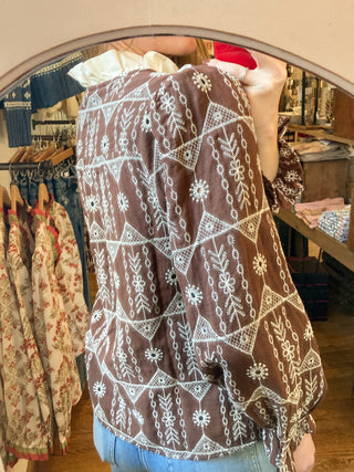 Brown Contrast Ruffle Detail Embroidered Blouse JO-04