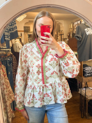 Marsala Ruffle Detail Boho Floral Peplum Top JO-07