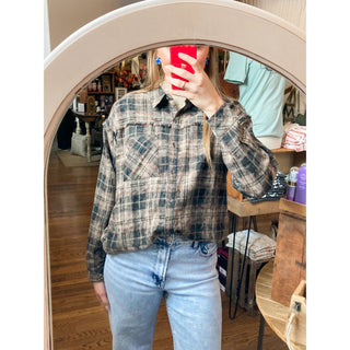 Black and Brown Distressed Plaid Flannel Shirt DR-26