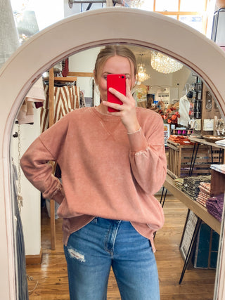 Rust Acid Wash Fleece Hi-low Hem Sweatshirt ZN-69
