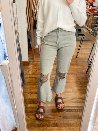 Olive Acid Washed High Waist Distressed Straight Pants ZN-74