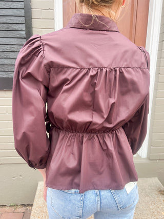 Chocolate Long Puff Sleeve Tie Front Collared Button Up EN-01