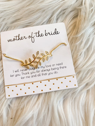 Mother of the Bride White Zircon Leaf Bracelet | Gold Plated | Adjustable