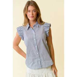 Midnight Black Puff Sleeve Button-down Top | DR-21