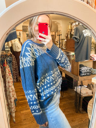 Denim Blue Fair Isle Cable Knit Crewneck Sweater | BC-47