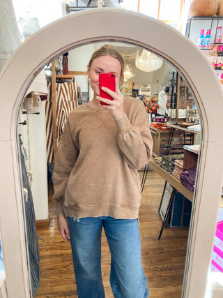 Deep Camel Acid Wash Fleece Hi-low Hem Sweatshirt ZN-68