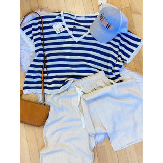 V-Neck Oversized Striped Sweater Top in Midnight | MS-08