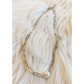 Stainless Steel / Gold Paperclip Necklace With Pearl