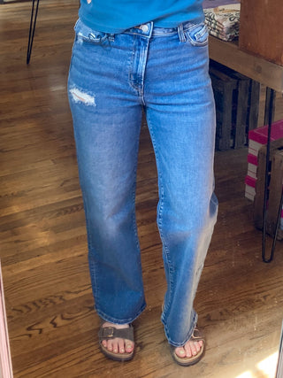 High Waist Straight Leg Medium Wash Denim Pants ZN-75