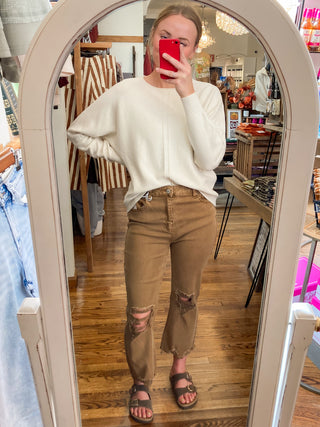 Deep Camel Acid Washed High Waist Distressed Straight Pants ZN-73